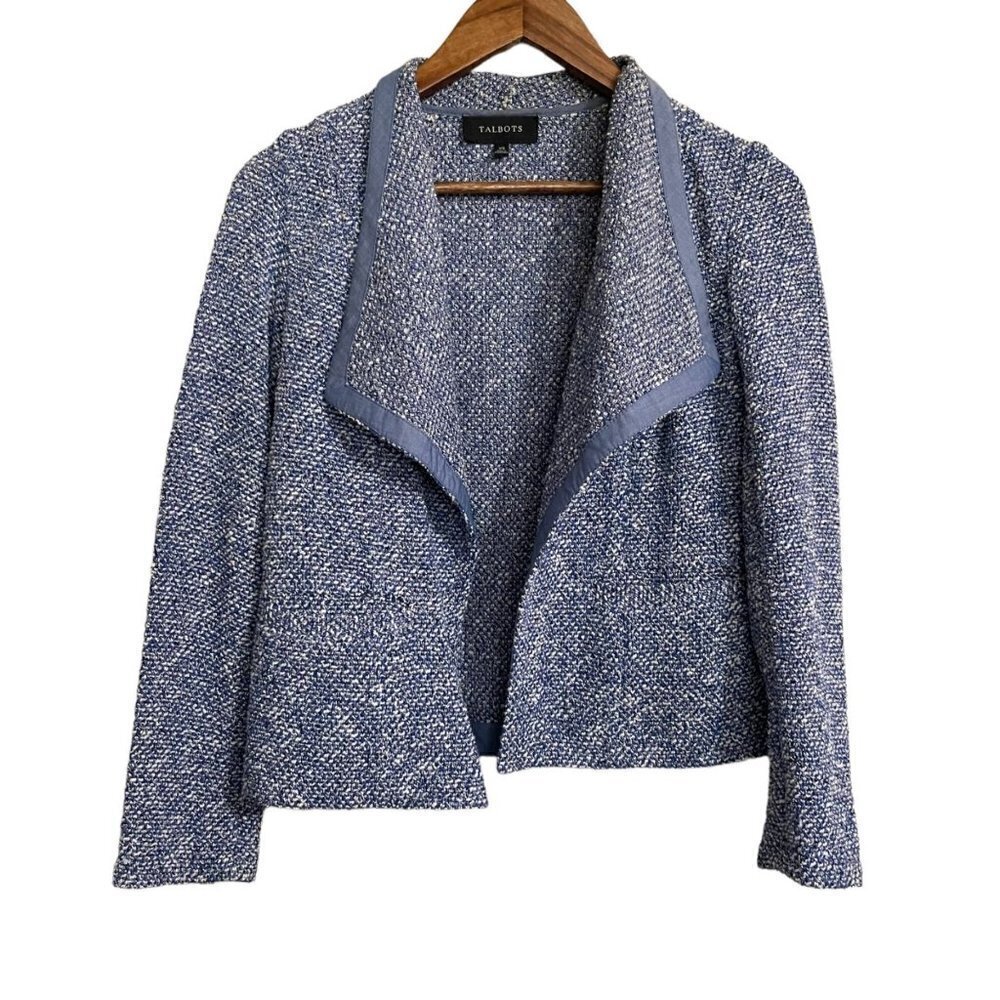 Talbots Womens Blue Tweed Cotton Blend Pockets Open Front Waterfall Blazer XS